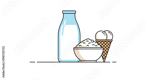 Dairy products including a bottle of milk, a bowl of cottage cheese, and a double scoop ice cream cone illustration.