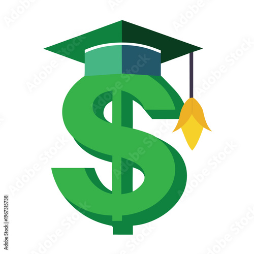 Education Tuition Costs Concept with Dollar Sign Wearing Graduation Cap and Diploma Vector Illustration Cartoon Clipart Line Art Design