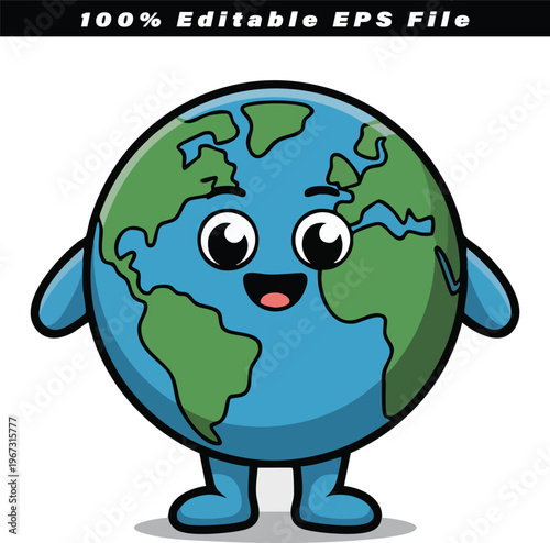 Anthropomorphic Earth character with a smiling face and arms, representing environmental awareness and global education.
