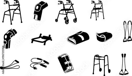 Medical mobility aids and orthopedic support equipment collection featuring walkers rollators knee braces leg splints and resistance bands for physical therapy rehabilitation 