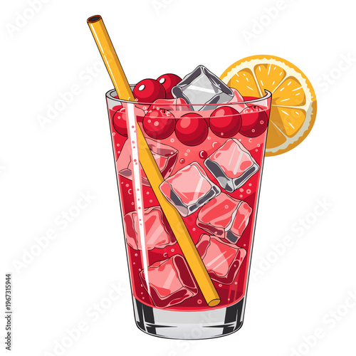Fresh berry cocktail with ice and orange slice in glass, isolated on white background. Perfect for menu and branding. Vector illustration.