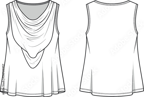 Technical Flat Sketch of Women's Sleeveless Cowl Neck Top with A-line Silhouette and Draped Front Detail for Fashion Design Development.