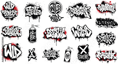 Graffiti Art and Street Style Wordmarks Set with Urban Tags, Spray Paint Effects, and Wild Themed Designs for Hip-Hop and Urban Culture Illustrations
