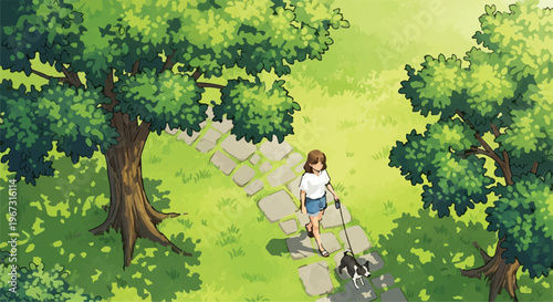 Anime style illustration of a girl walking her dog in a sunny park, young woman strolling with a pet on a stone path, lush green garden landscape
