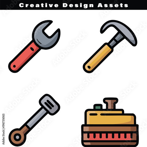A set of four colorful cartoon style construction and home repair tool icons on white background