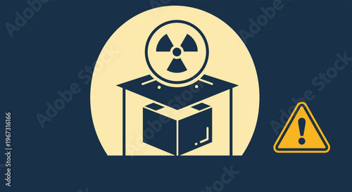 Radioactive hazard warning sign with a radiation symbol and an exclamation mark over a box on a dark background.