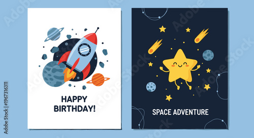 Set of two space themed greeting cards featuring a rocket ship, a happy star, planets, and asteroids for children.