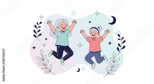 Two joyful girls jump with excitement against a soft pastel background decorated with stars, leaves, and a crescent moon.