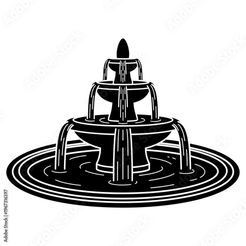 Elegant tiered fountain silhouette with water cascading into a circular pool artistic design.