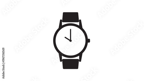 Watch icon with black hands and strap on white background, representing time and punctuality. featuring wristwatch, timepiece, clock with symbol and