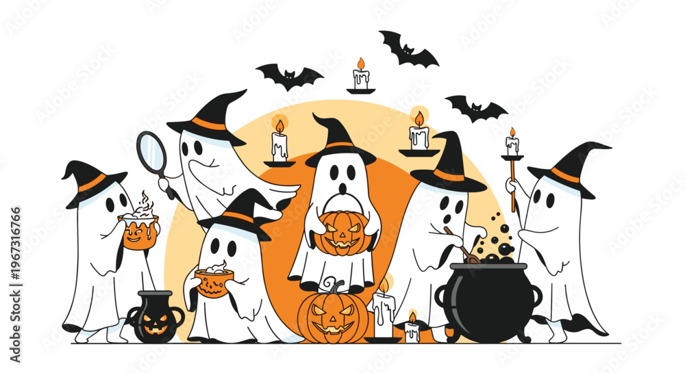 Fototapeta premium Detailed Halloween illustration featuring many cute ghosts in witch hats gathering around a bubbling cauldron and pumpkins.