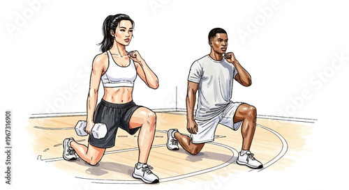 Man and woman exercising with lunges in a gym setting  