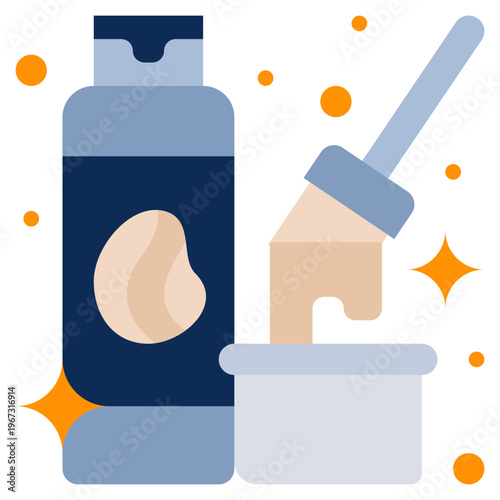 Hair dye flat icon cosmetic mixture a bottle a brush and a bowl represents salon coloring tools and supplies.