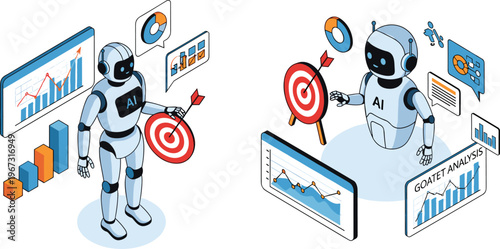 Artificial Intelligence Data Analysis and Targeting Illustration Set with AI Robot, Business Analytics Charts, and Goal Achievement Concepts for Technology and Automation Design