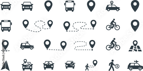 Transportation and Navigation Icons Set with Car, Bus, Bicycle, Pedestrian, Map Markers, and Route Symbols for Travel and Navigation Apps