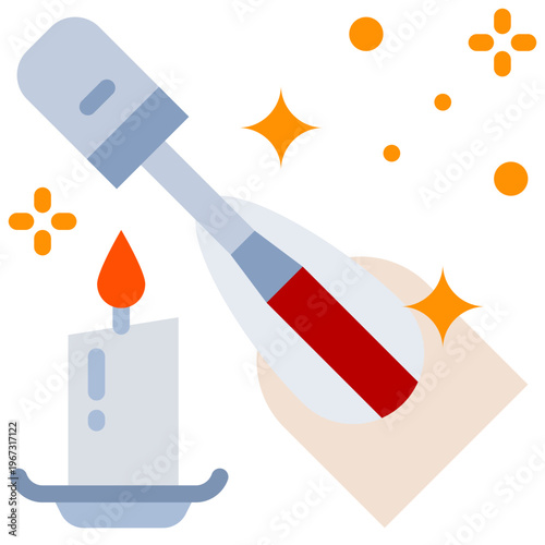 Manicure flat icon illuminates a candle next to a laser emitting dazzling sparkling light effects.