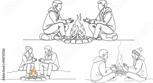 Minimalist Illustration of Couple Sitting by Campfire for Cozy, Romantic, and Outdoor Adventure Design