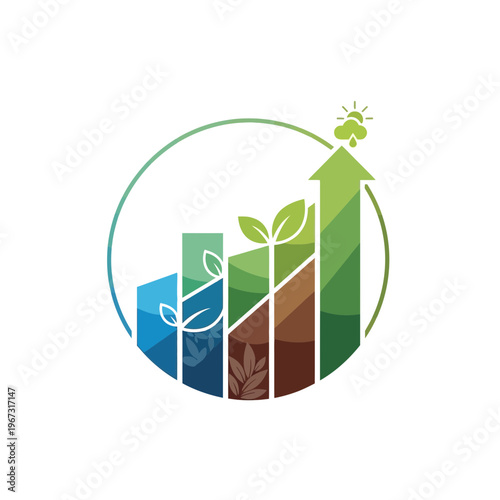 Green growth chart with leaves and arrow representing business success and progress.