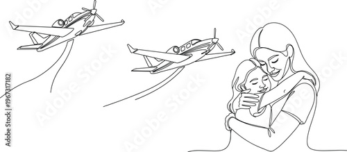 Minimalist Illustration of Mother and Child with Airplanes in the Background for Family Bond, Adventure, and Love Design
