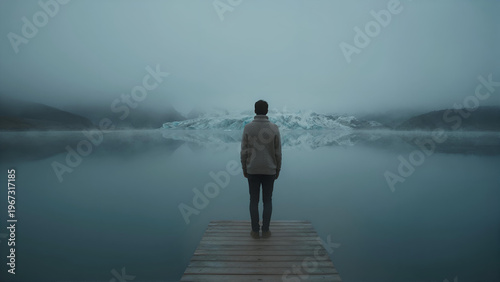 Man Standing on Wooden Pier Overlooking Calm Misty Mountain Lake