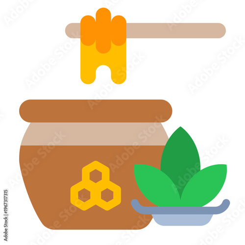 Honey jar flat icon of a delicious jar of honey honey dipper and a pretty plant.