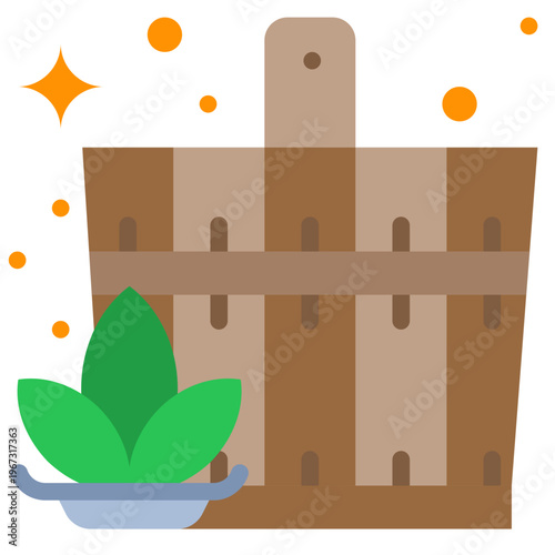 Bucket flat icon rustic wooden sauna bucket flat icon plant and steam create a relaxing spa scene.