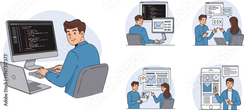 Software Development and UI UX Design Workflow Illustration Set with Programmer Coding, App Interface Design, and Team Collaboration for Web and Mobile Projects