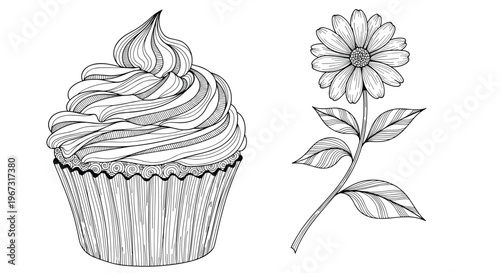 Black and white line drawing of a delicious frosted cupcake and a daisy flower with leaves in a vintage style.