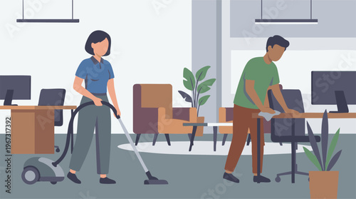 Professional office cleaning service in a modern workspace, janitors at work