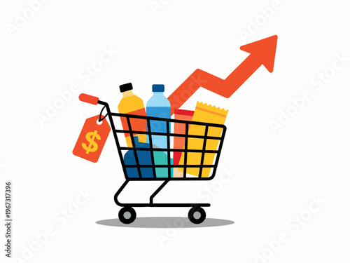 Shopping Cart with Rising Price Tag Inflation Cost of Living Vector