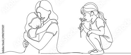 Minimalist Mother and Child Illustration Set with Loving Embrace and Playful Moment for Family, Parenting, and Love Design