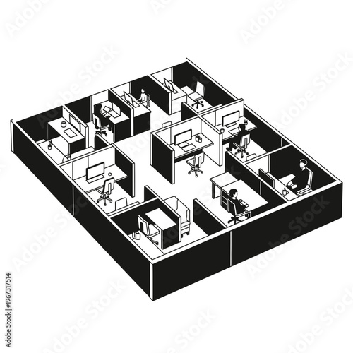 Isometric office cubicle layout with employees working on computers.