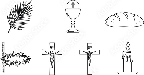 Christian Religious Symbols Set with Palm Leaf, Cross, Chalice, Crown of Thorns, Bread, and Candle for Faith and Spirituality Designs