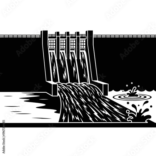 Monochrome illustration of a dam with water flowing downstream generating power.
