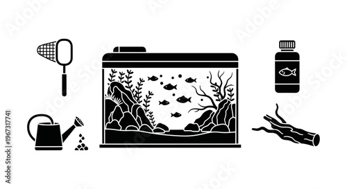 Fish Tank With Accessories Displayed.