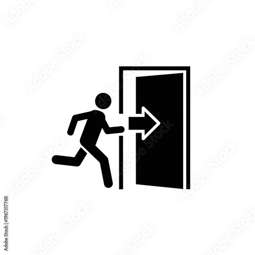Running man exiting a door with an arrow sign emergency exit.