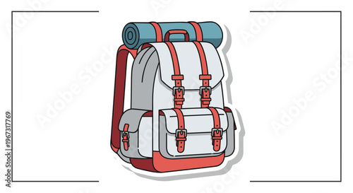 Detailed hiking backpack with a rolled sleeping mat attached on top and various compartments for outdoor adventure.
