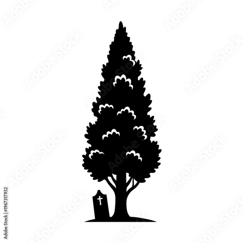 Silhouette of a tall tree with a tombstone a symbol of remembrance and loss.