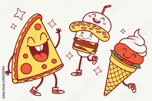 A cheerful collection of smiling food characters including a laughing pizza slice, dancing taco, winking burger, and jumping ice cream cone, bold outlines, bright colors, flat design, cartoon style. 