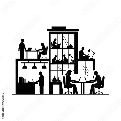 Silhouette of office workers in a modern building working diligently on computers.