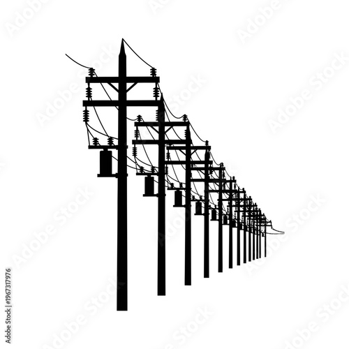 Silhouette of power lines and utility poles against a bright sky conveying energy and infrastructure.