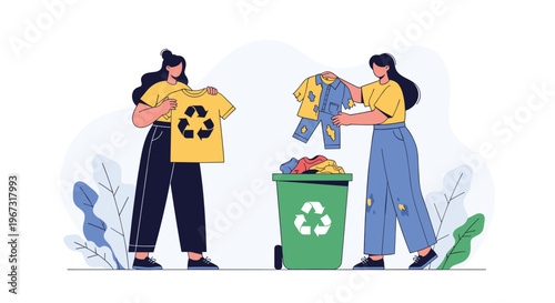 Environmentally conscious women recycling old clothes by placing them into a green bin with a recycle symbol to promote sustainability.