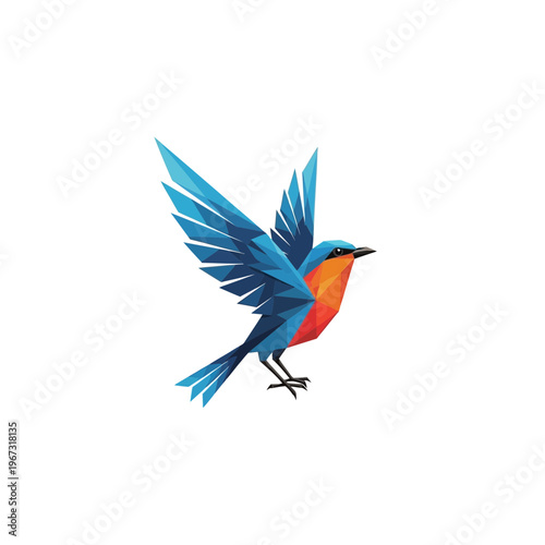 Vibrant blue bird in flight a geometric illustration with open wings showcasing artistic design.