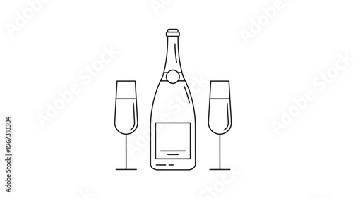 Champagne bottle with two flute glasses icon with outline style for celebration and holidays featuring wine, drink, alcohol with party and toast