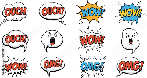 Comic Expression Sound Effects Set Featuring "Ouch!", "Wow!", "OMG!" in Bold Speech Bubbles for Impactful Visuals