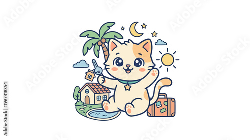 Cute Cartoon Cat with Vacation Elements