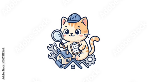 Cute Cat Inspector with Tools and House
