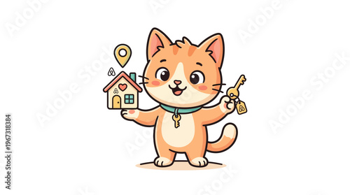 Cute Cartoon Cat Holding House and Keys