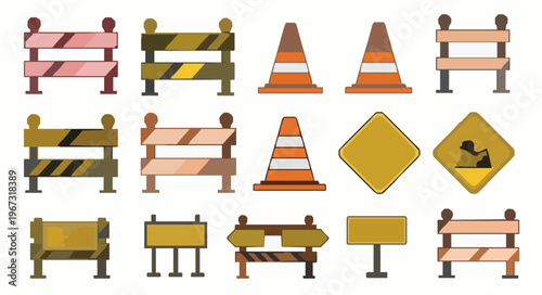 Stylized road construction barrier vector illustration set EPS10 isolated on white