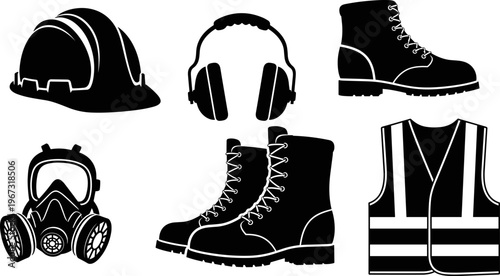 Vector set of personal protective equipment icons featuring a hard hat, ear muffs, safety boots, respirator mask, and high visibility vest for industrial construction safety.